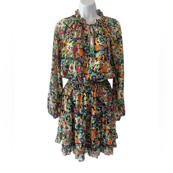 Lavender Brown Floral Mini Dress XS Black V Neck Tiered Long Sleeve - Picture 2 of 8